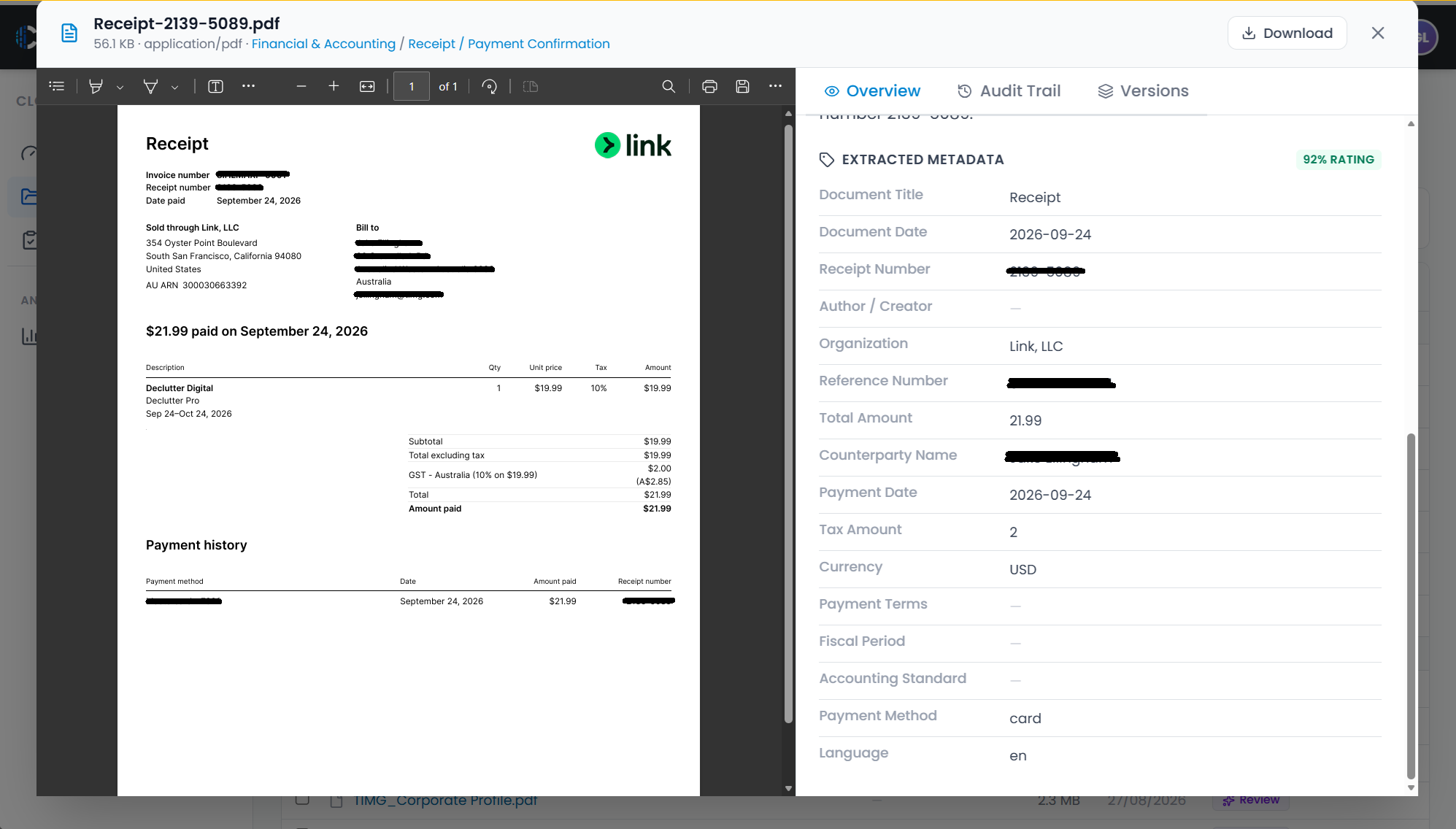 Cendro Cloud — document viewer showing AI-extracted metadata (document type, dates, amounts, reference numbers) with a quality rating