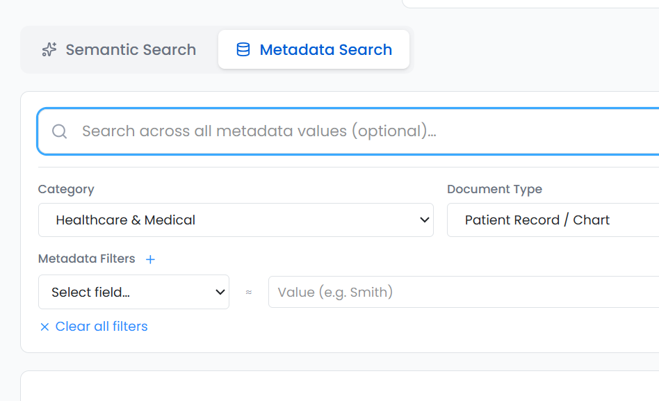 Cendro Cloud — Search with Semantic and Metadata modes, filtering by category, document type and metadata fields