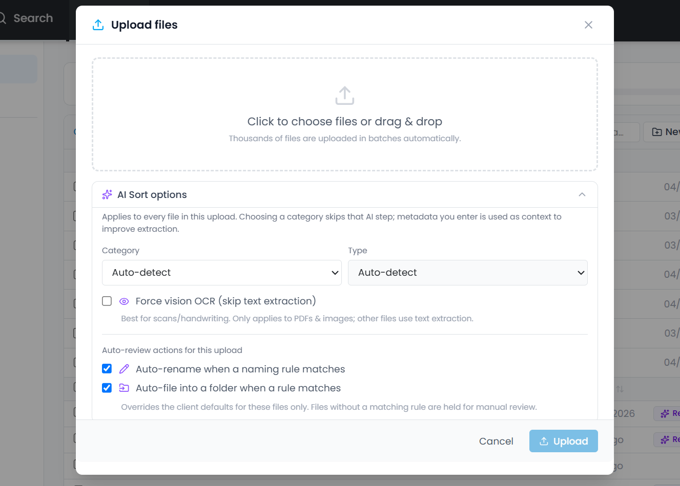 Cendro Cloud — Upload files with AI Sort options: auto-detect category and type, vision OCR for scans and handwriting, auto-rename and auto-file when a rule matches